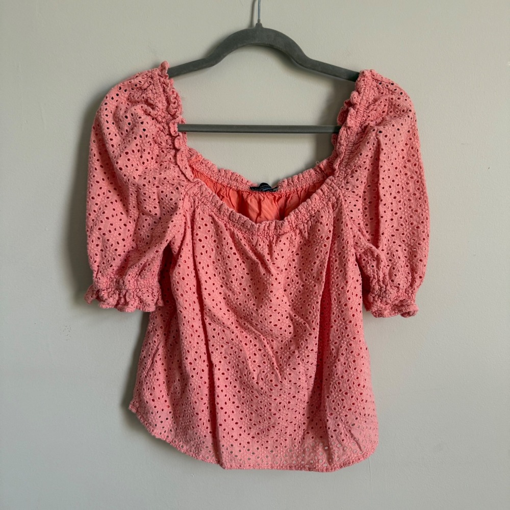 Pomander Place Womens Coral Pink Eyelet Puff Sleeve Square Neck Blouse XS